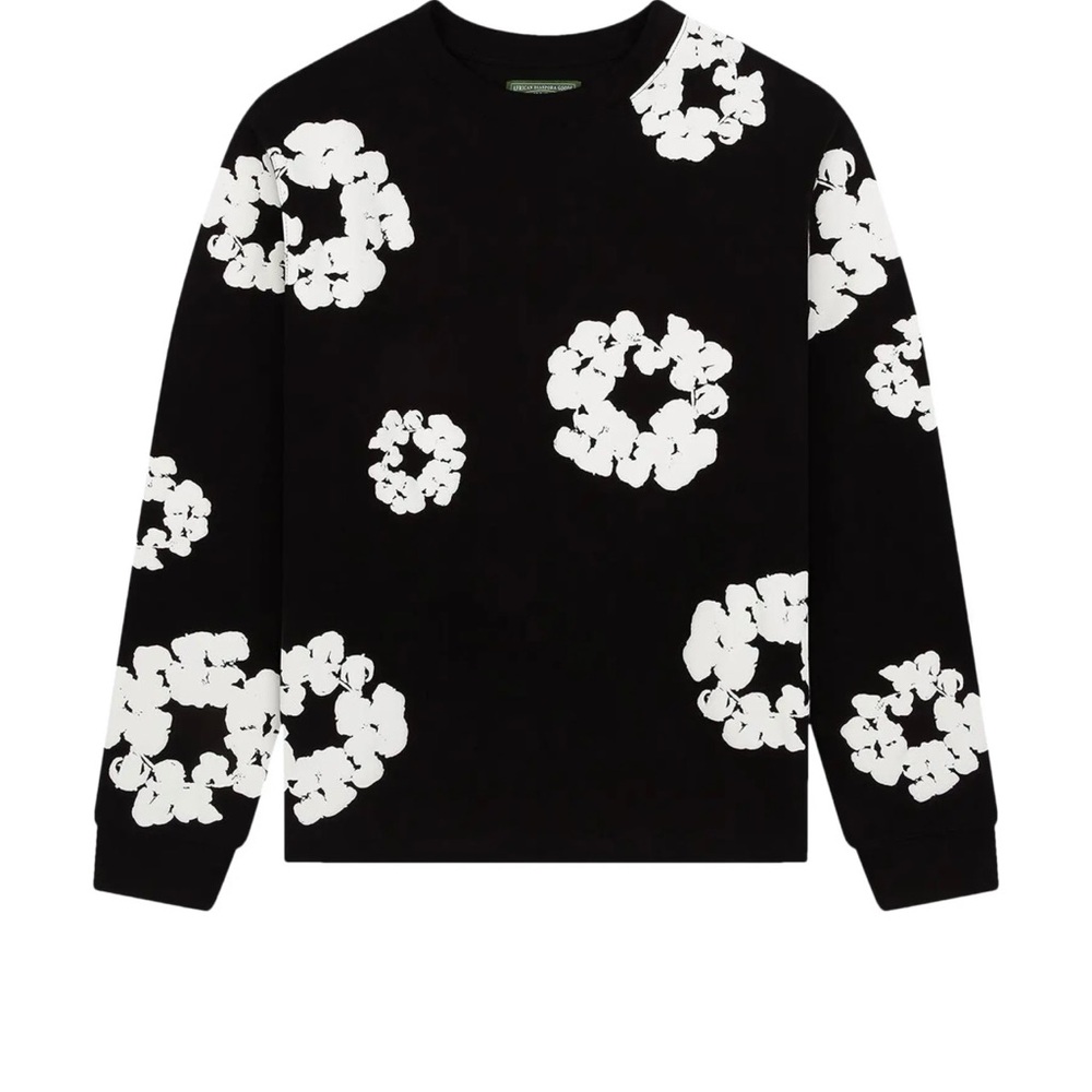 Black and White Crewneck Sweater with Bold Floral Design